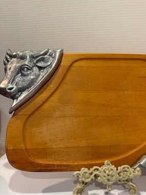 Dining | Vintage Cow Bull Wood Pewter Cutting Board Farmhouse Kitchen ...